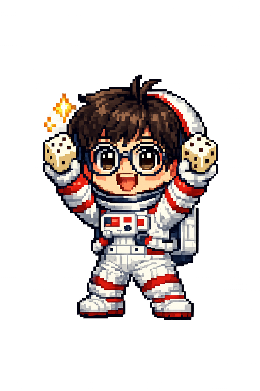 Mascote da Ludonave em estilo pixel-art segurando dados
